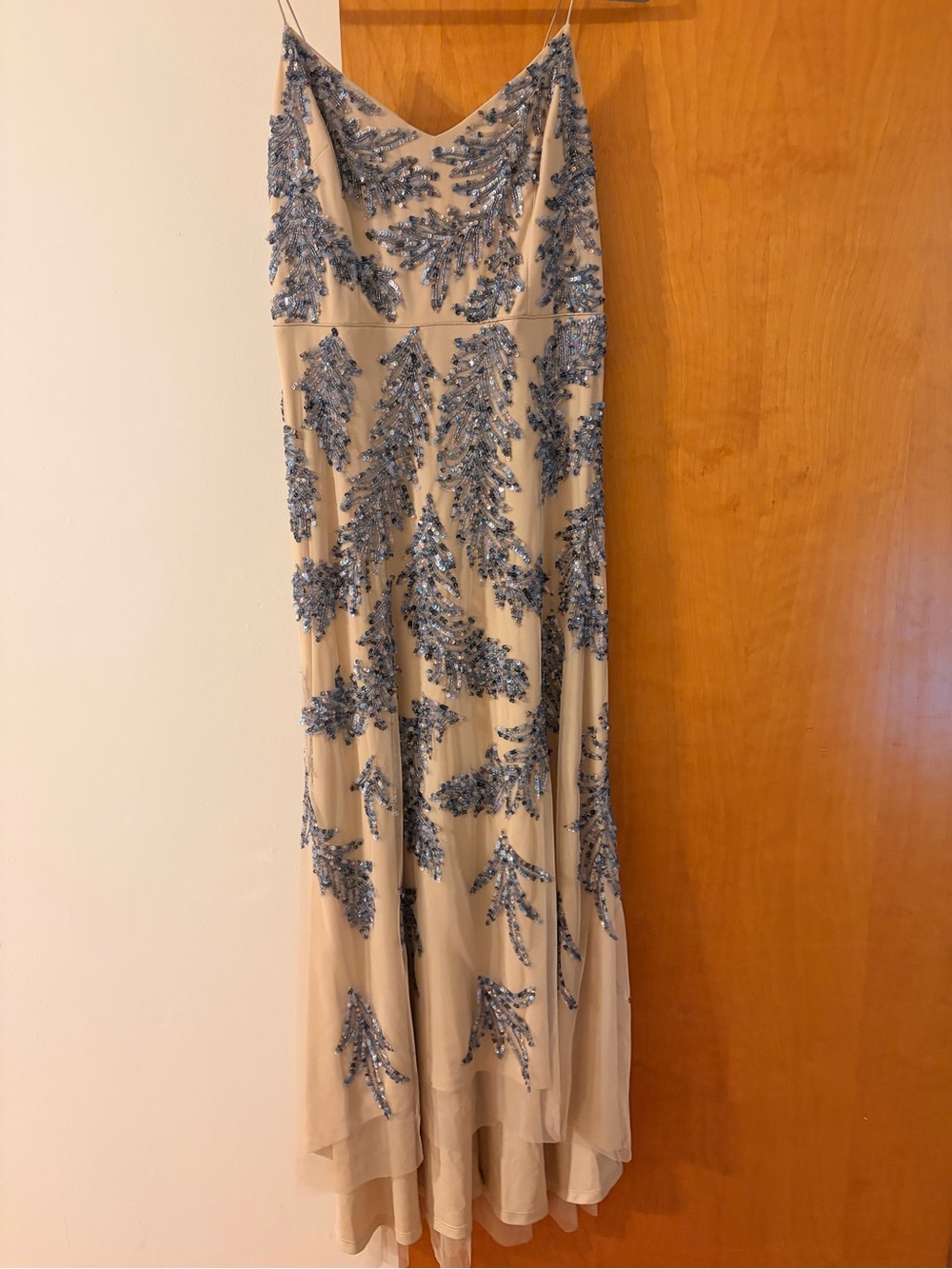 Embellished Beaded Evening Gown with Blue Sequin Appliqué